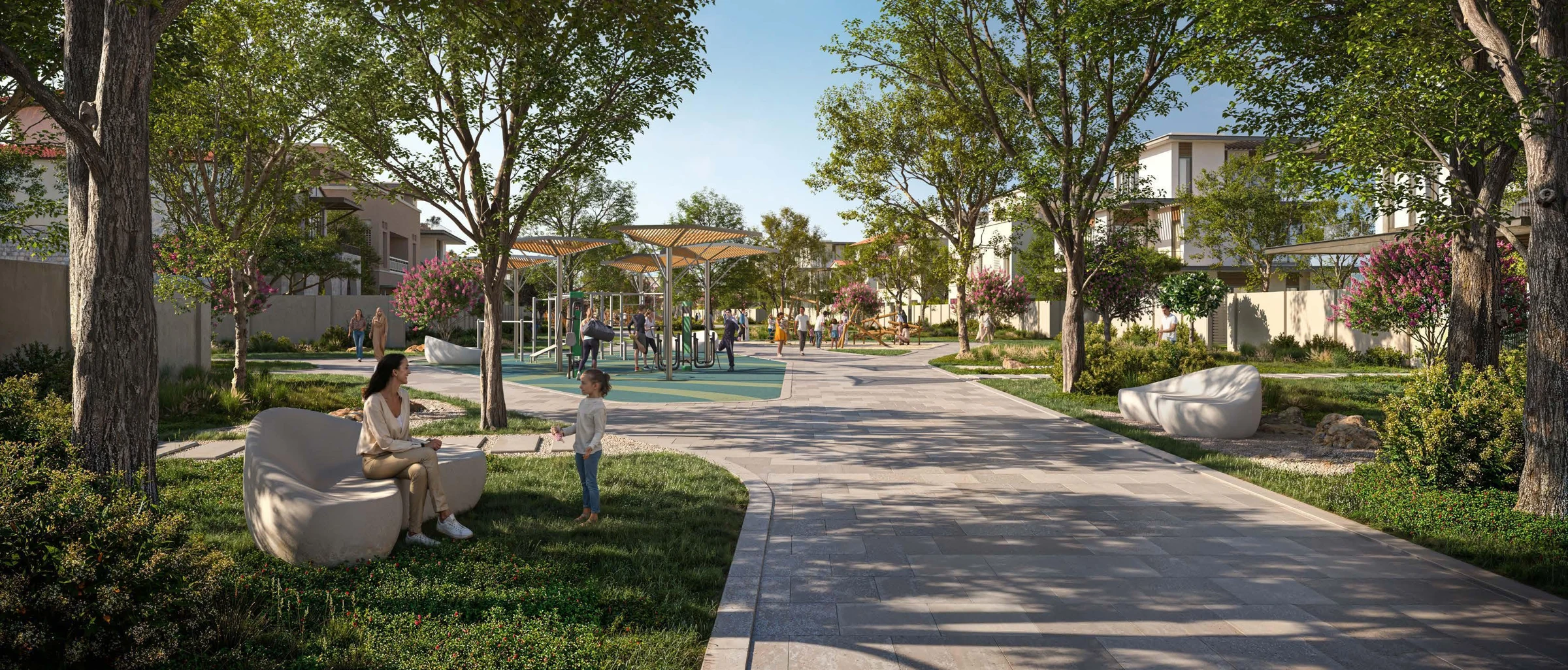 Wadeem community brochure render — A greener daily rhythm.