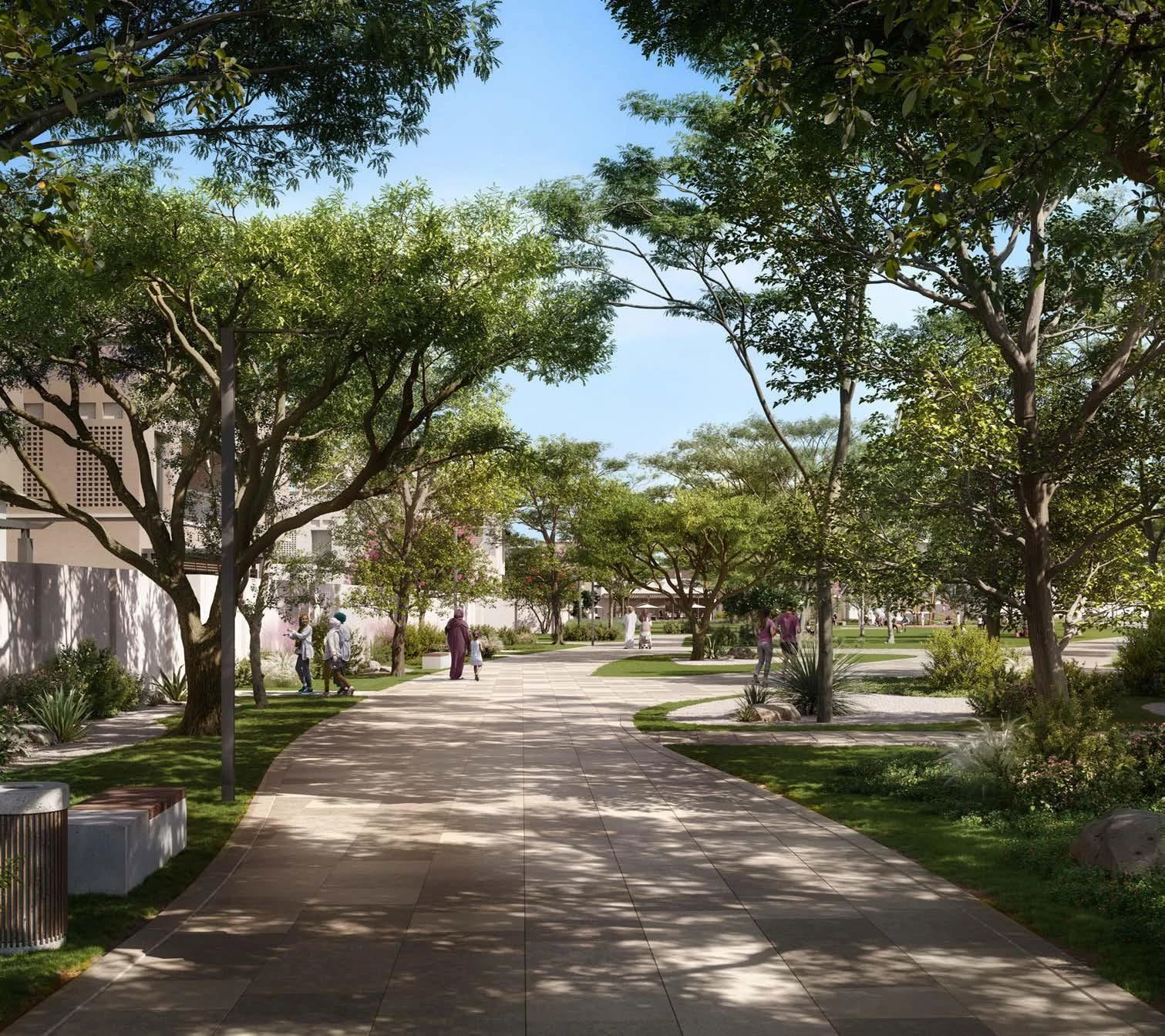 Wadeem community brochure render — Shade, greenery and connection.